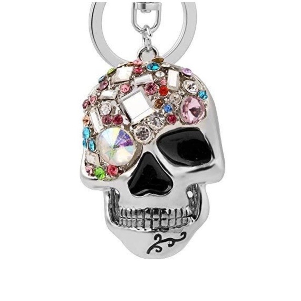 Skull Keychain for Women Inlaid Multicolor Gemstones Silver Tone‎